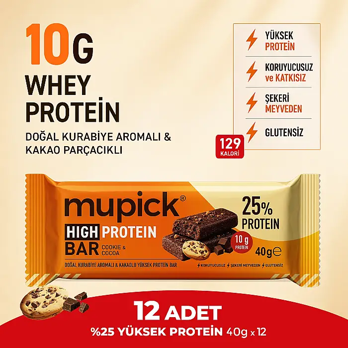 12'li  Doğal Kurabiye Aromalı & Kakaolu Yüksek Protein Bar 40g x 12 Adet