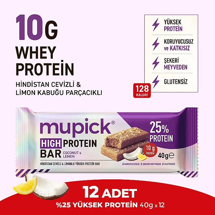 12'li Hindistan Cevizli & Limonlu Yüksek Protein Bar 40g x 12 Adet