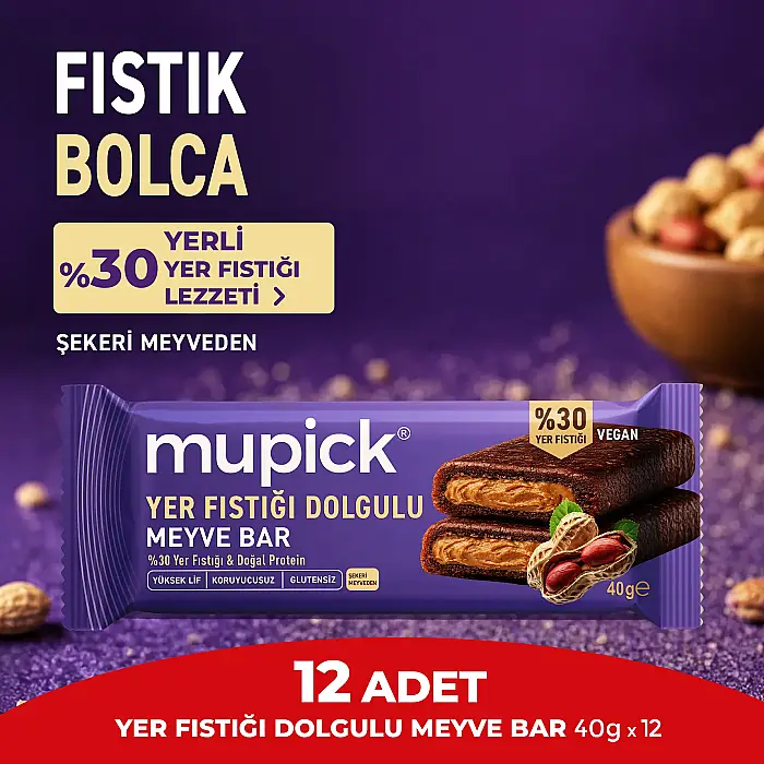 12'li Yer Fıstığı Dolgulu Meyve Bar 40g x 12 Adet