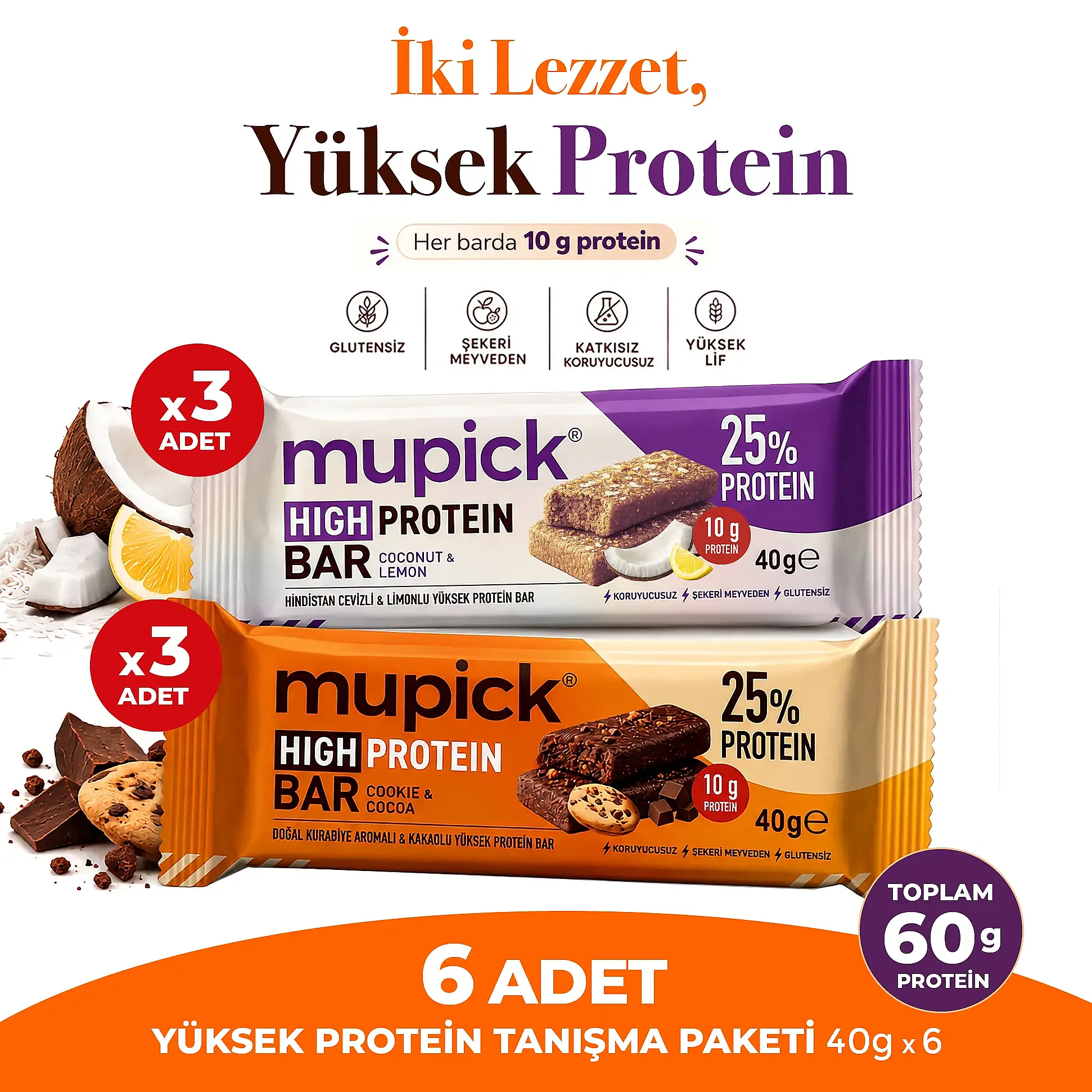 6'lı Yüksek Protein Bar Paketi 40g x 6 Adet - 1